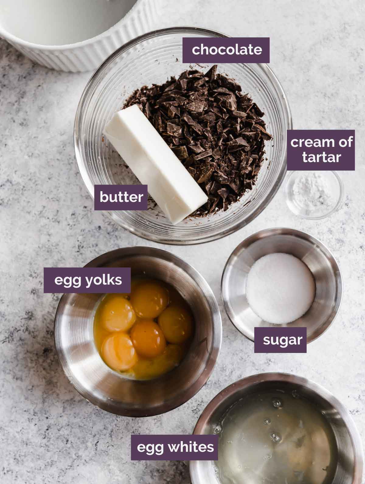 Ingredients for chocolate souffle prepped and labeled.