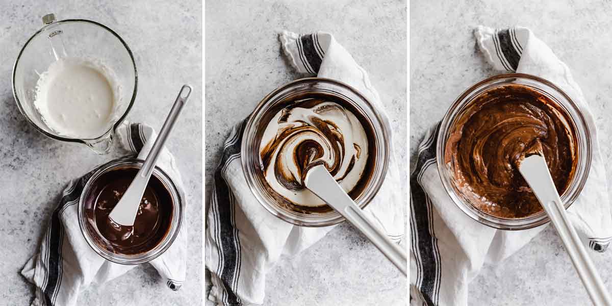 Three photo collage of melted chocolate and butter being mixed together with creamed egg yolks and sugar.