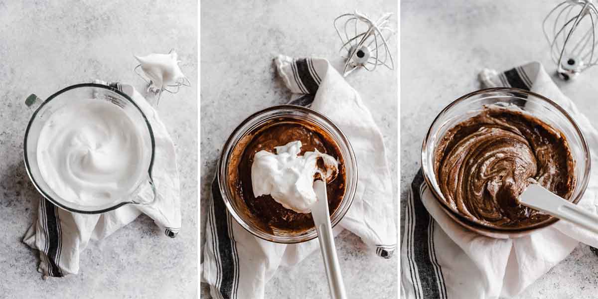 Three photo collage of whipped egg whites being folded into chocolate souffle batter.
