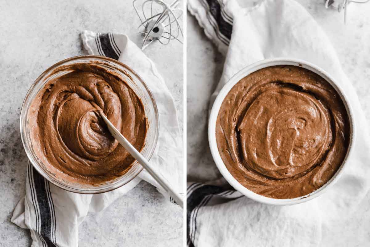 Final mixing of chocolate souffle batter, then batter in souffle dish before baking.