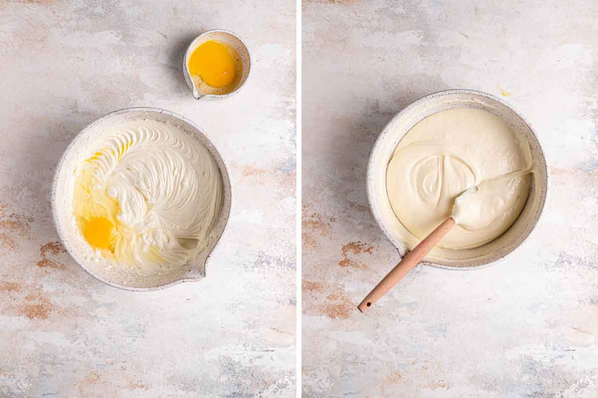Side by side photos of cheesecake batter being mixed.