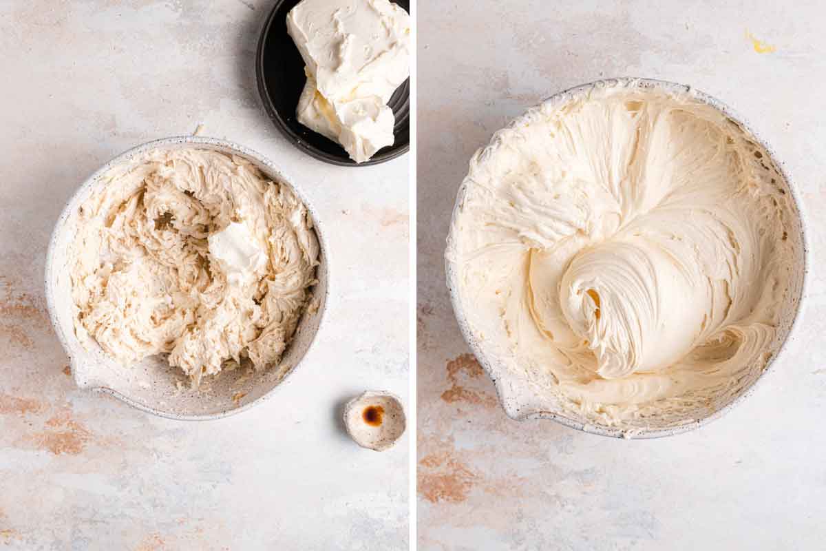 Side by side photos of mixing together cream cheese frosting.