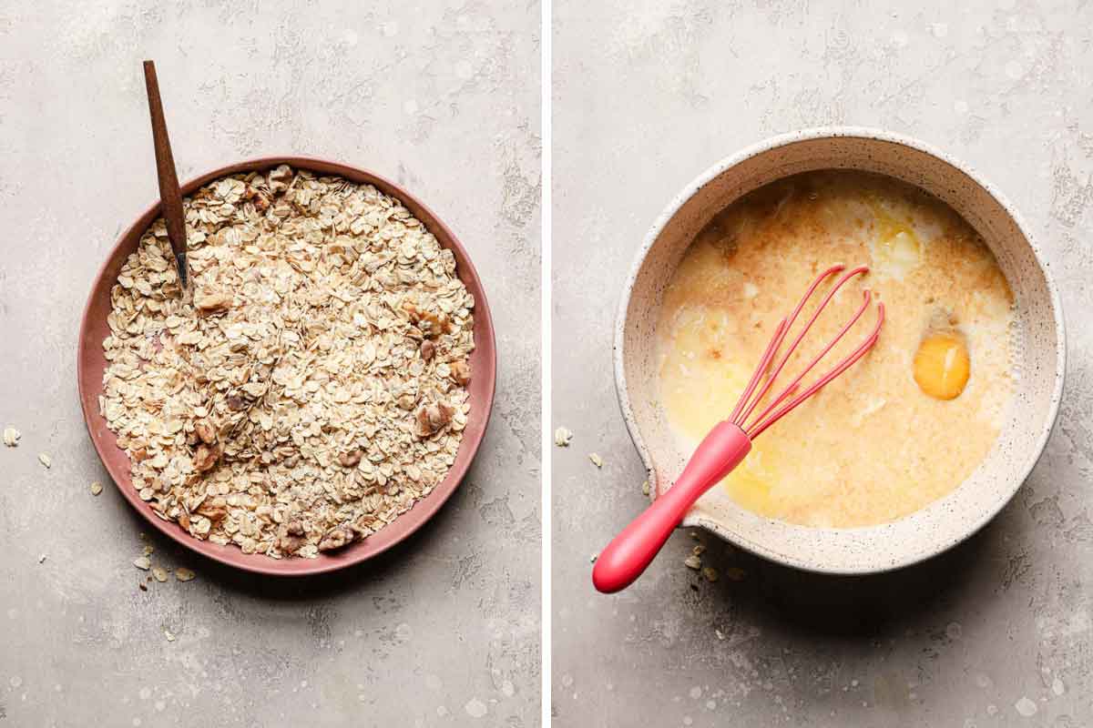 Side by side photos of dry ingredients and wet ingredients mixed together in separate bowls.