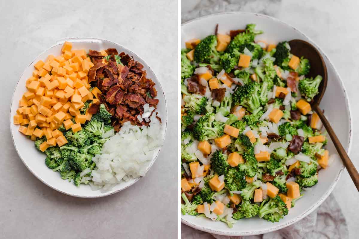 Ingredients for broccoli salad in separate piles in a white bowl, and photo of them all mixed together.