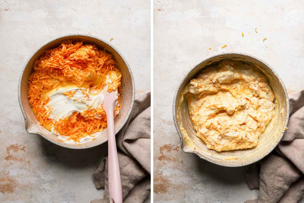 Side by side photos of mixing the sauce ingredients for cheesy potato casserole.