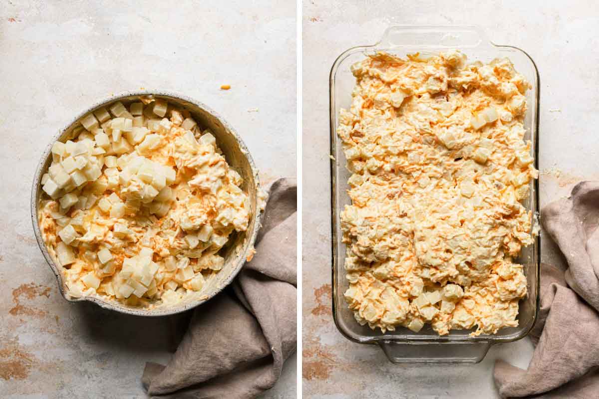 Side by side photos of mixing frozen diced potatoes into casserole mixture, then spreading cheesy potato mixture into baking dish.