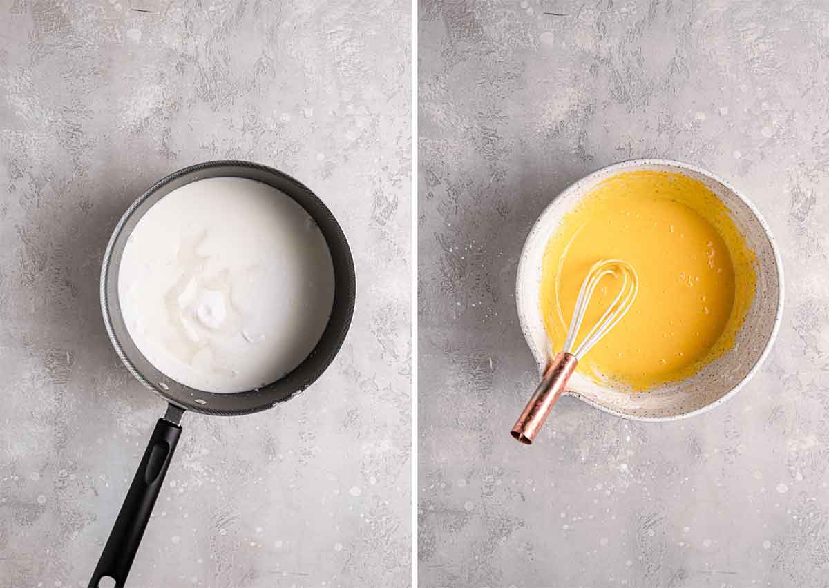 Two photos: saucepan with milk, coconut milk, coconut, sugar, and salt; second bowl has whisked egg yolks.