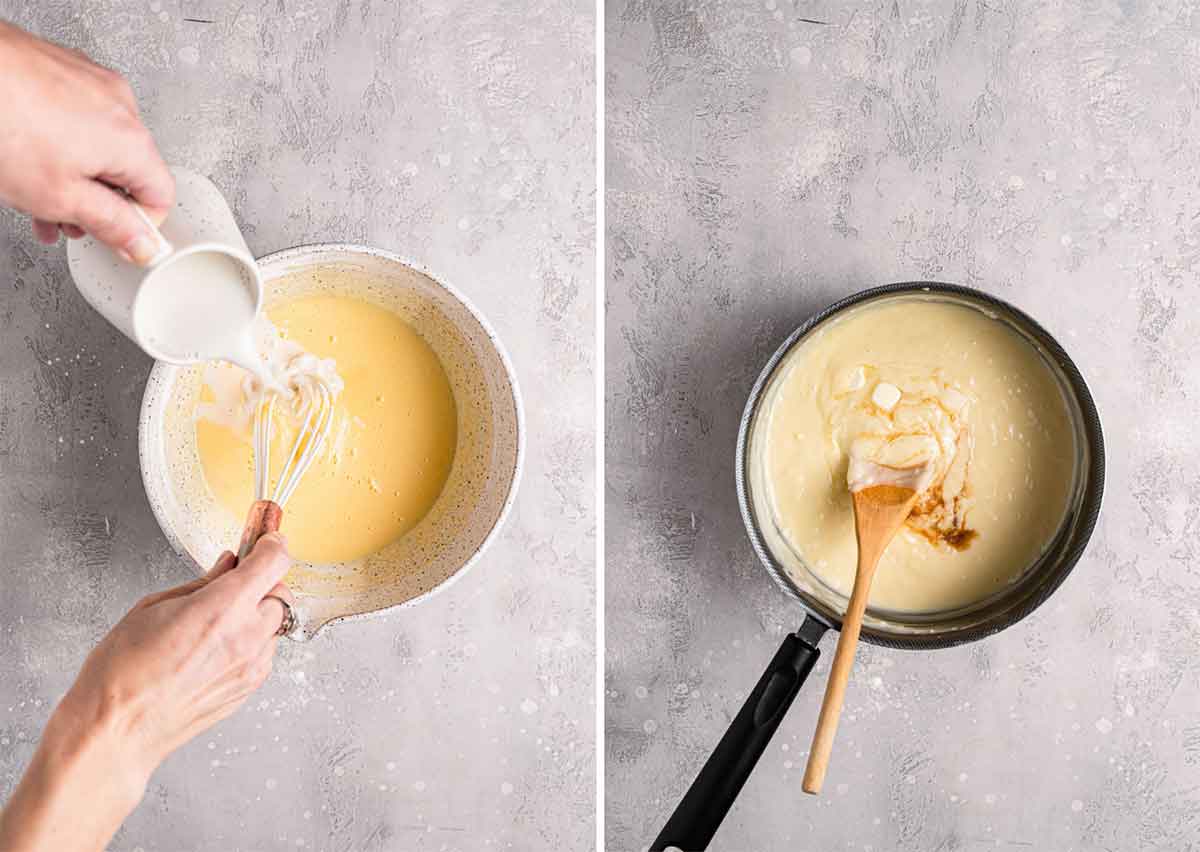 Side by side photos: Tempering egg yolks and stirring coconut pastry cream in a saucepan.