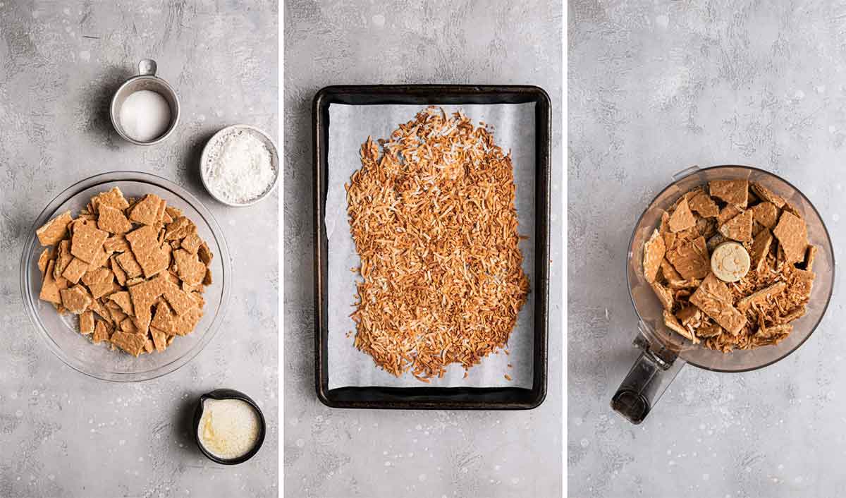 Three photos side by side: ingredients for pie crust, toasted coconut on a baking sheet, and graham crackers and coconut in bowl of food processor.