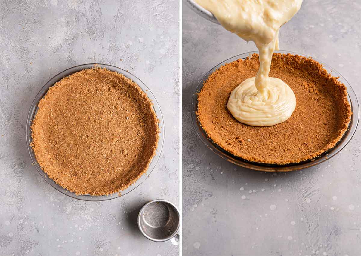 Pouring coconut cream pie filling into prepared graham cracker crust.