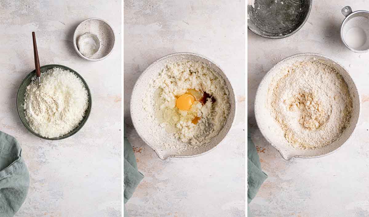 Three photos side by side showing ground coconut and coconut batter in various stages of mixing.