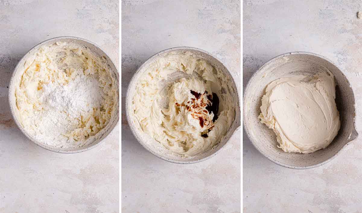 Side by side process photos of mixing together coconut buttercream frosting.