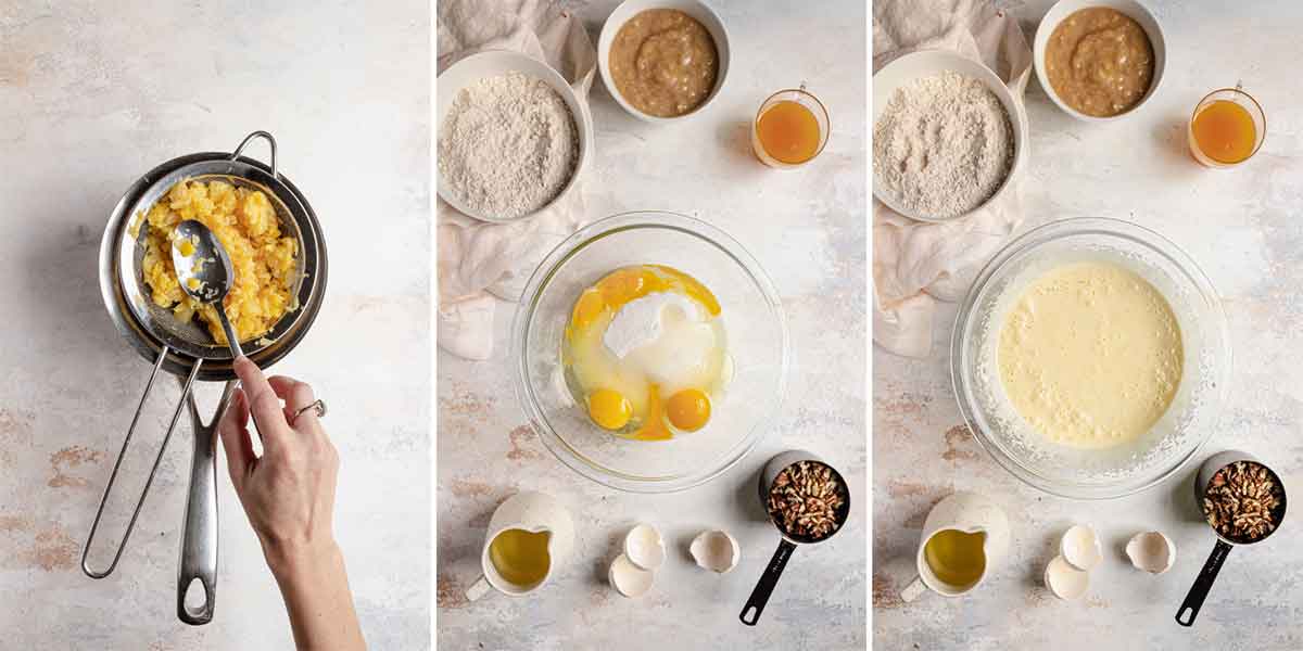 Three photos side by side showing the preparation of the wet ingredients for hummingbird cake.