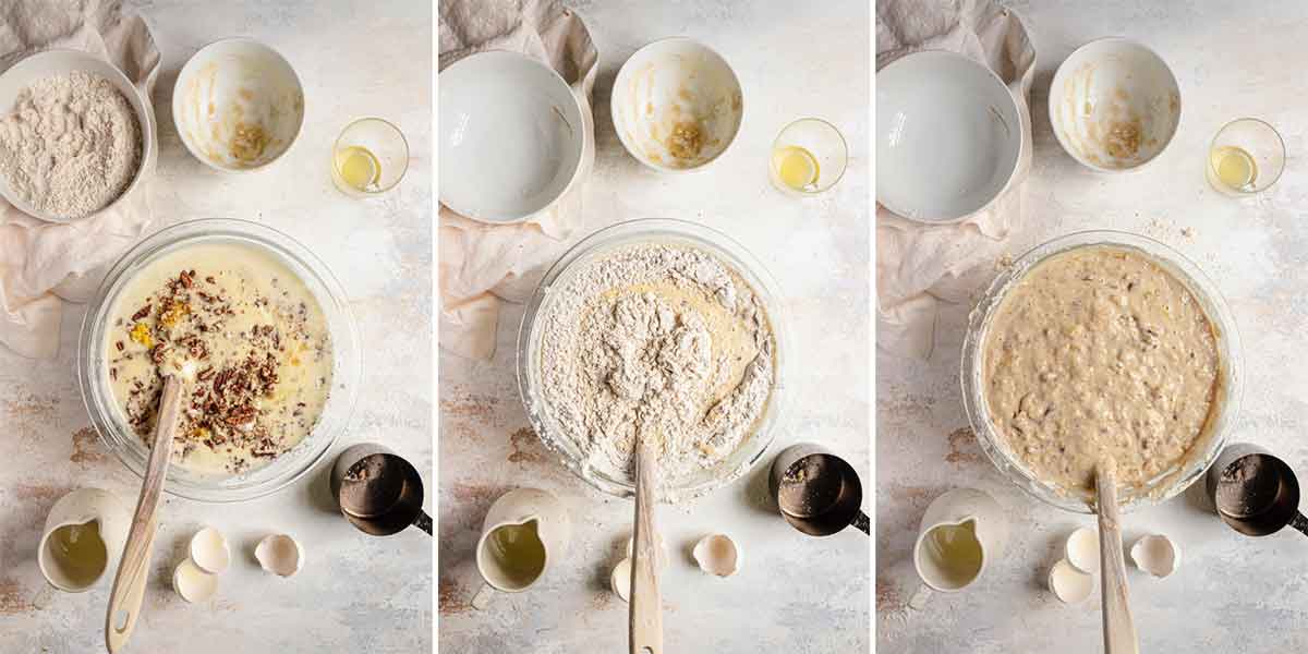 Three photos side by side showing the batter for hummingbird cake being mixed together.