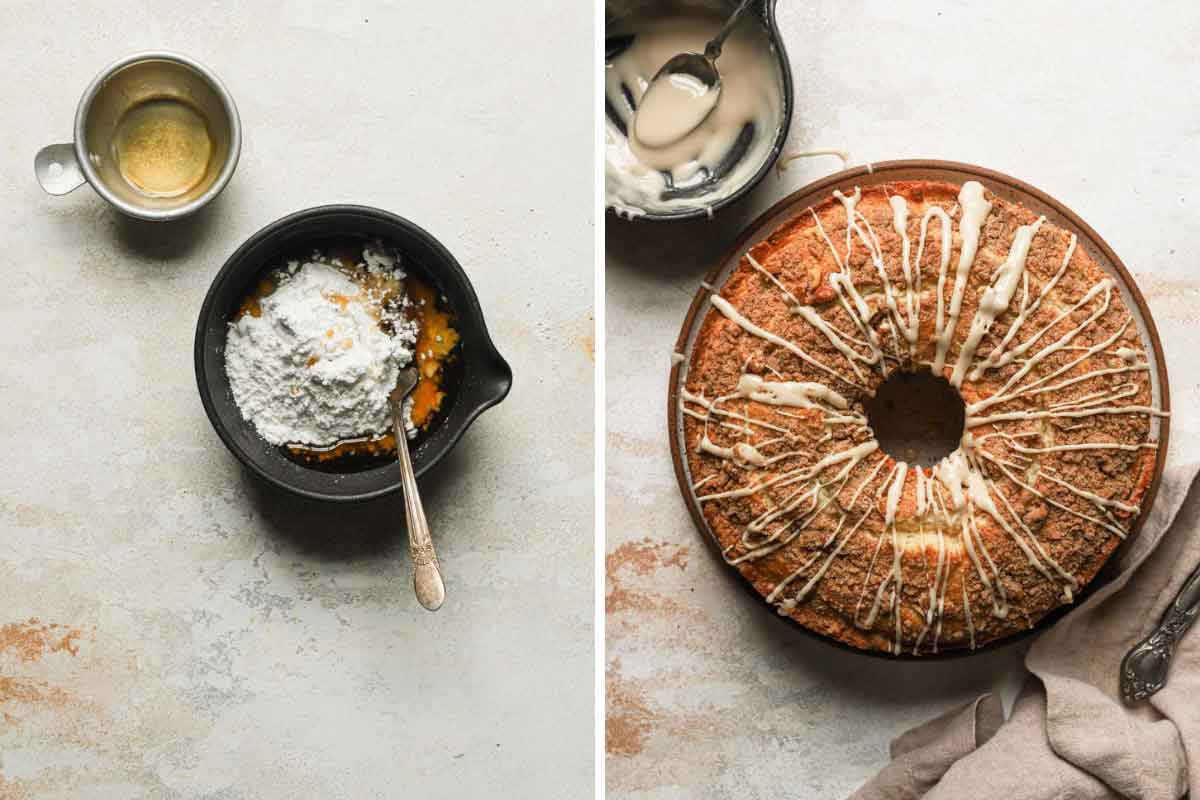 Side by side photos of glaze ingredients in a bowl and an overhead photo of the coffee cake freshly drizzled with maple glaze.