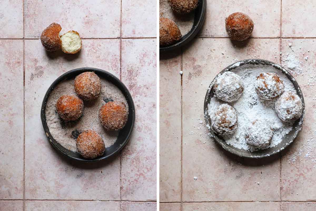 Side by side photos of zeppole being rolled in a bowl of cinnamon sugar, and also in a bowl of powdered sugar.