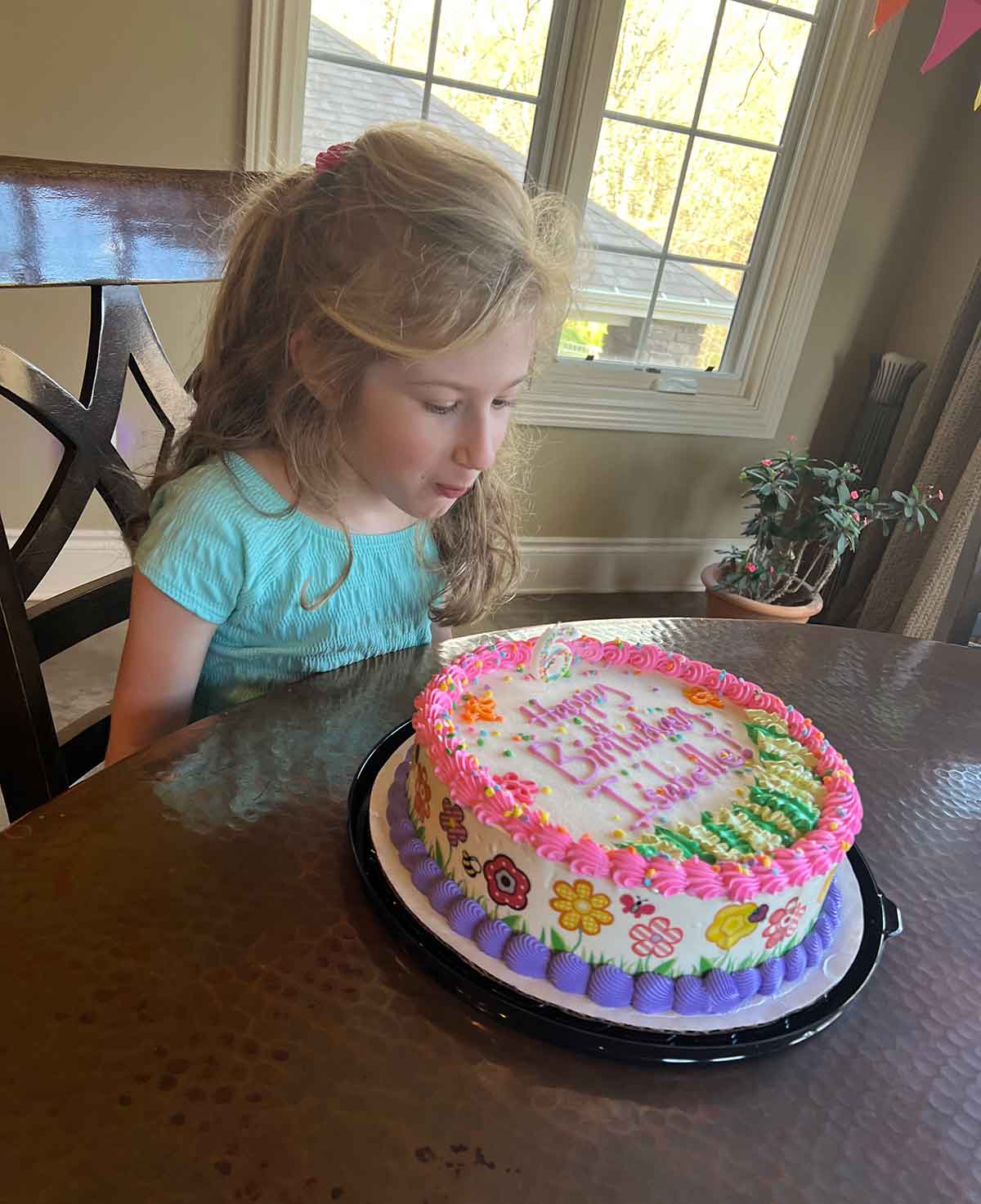 Little girl blowing out a candle on a birthday cake.