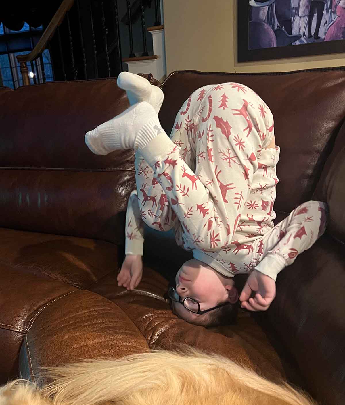 Little boy in Christmas pajamas standing on his head on a couch.