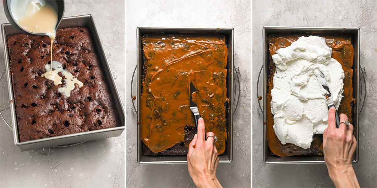 Three photos side-by-side showing sweetened condensed milk poured over a cake with holes in it, then caramel spread on top, and whipped cream spread on top of caramel.