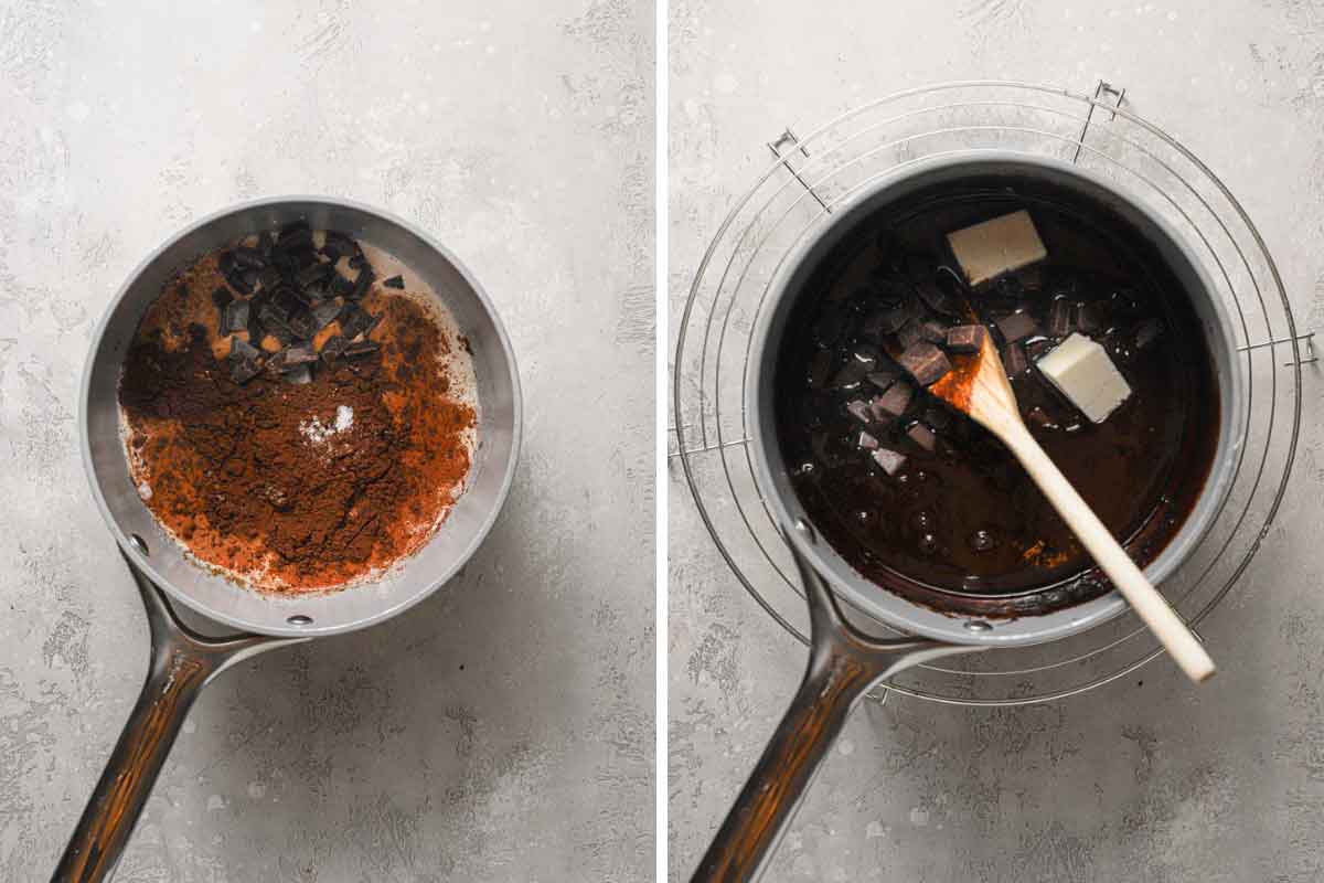 Side by side photos of hot fudge sauce being made in a saucpen.
