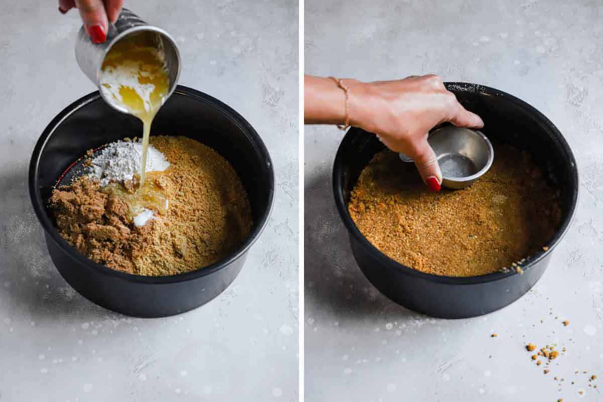 Mixing together graham cracker crust ingredients and pressing it into the prepared pan.