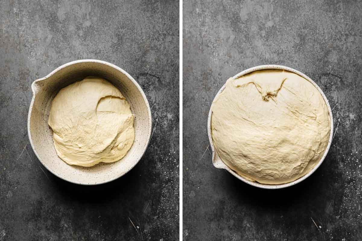 Soft pretzel dough in a white bowl before and after rising.