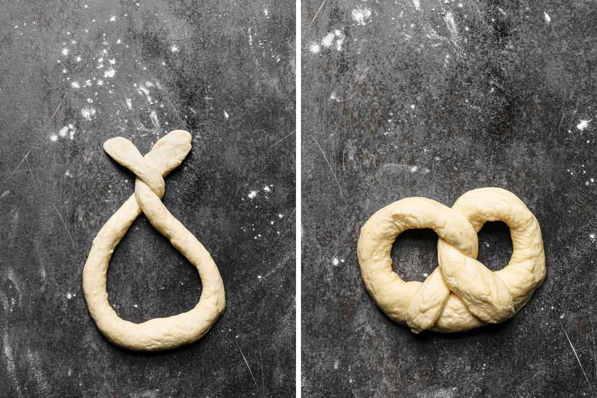 Step by step photos of how to shape soft pretzels.