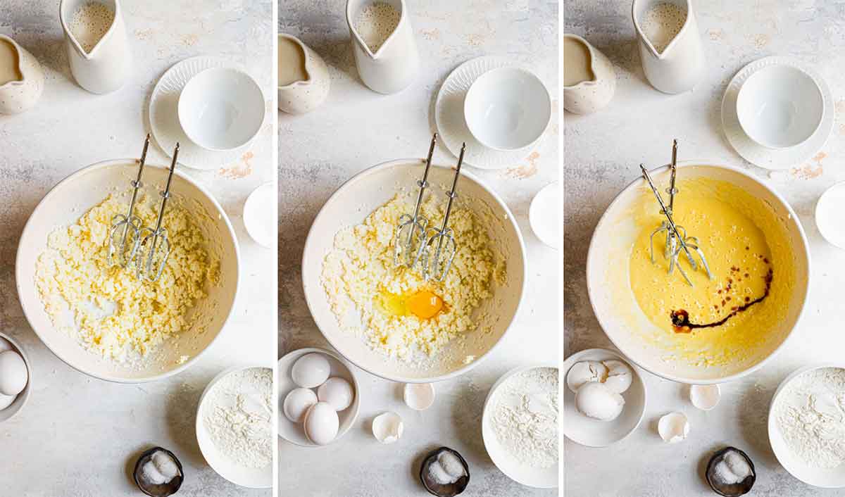 Three step-by-step photos of making the cake batter for tres leches cake.