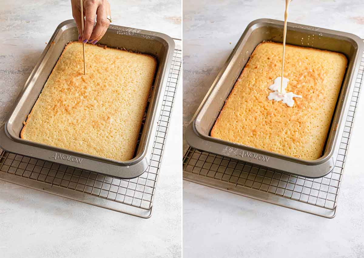 Side by side photos of poking holes in baked tres leches cake and pouring the three milk mixture over top.