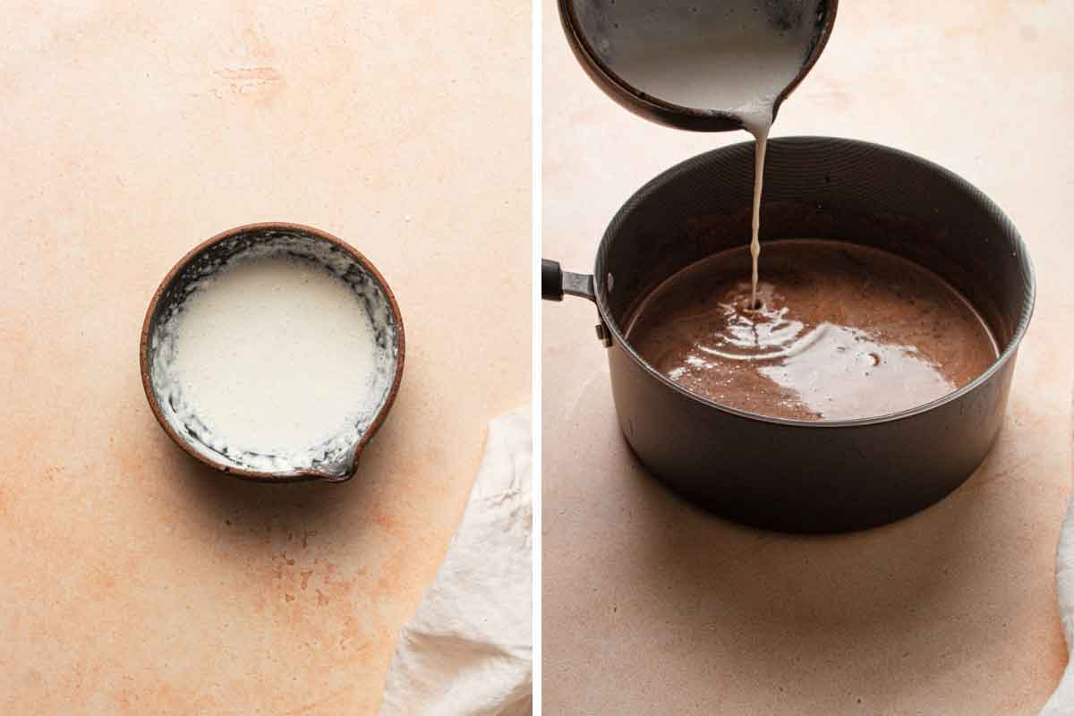 Side by side photos of small bowl with cornstarch slurry and then it being poured into chocolate mixture.