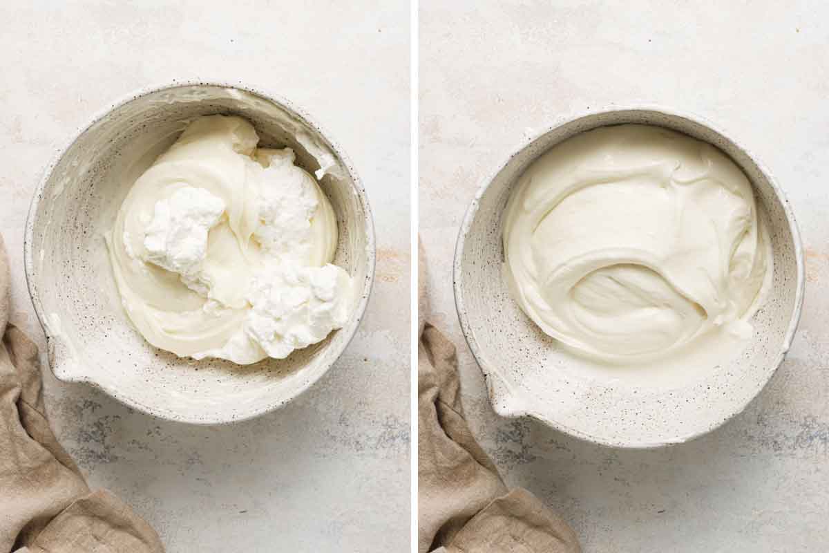 Cream cheese filling for strawberry pretzel salad mixed together in a mixing bowl.