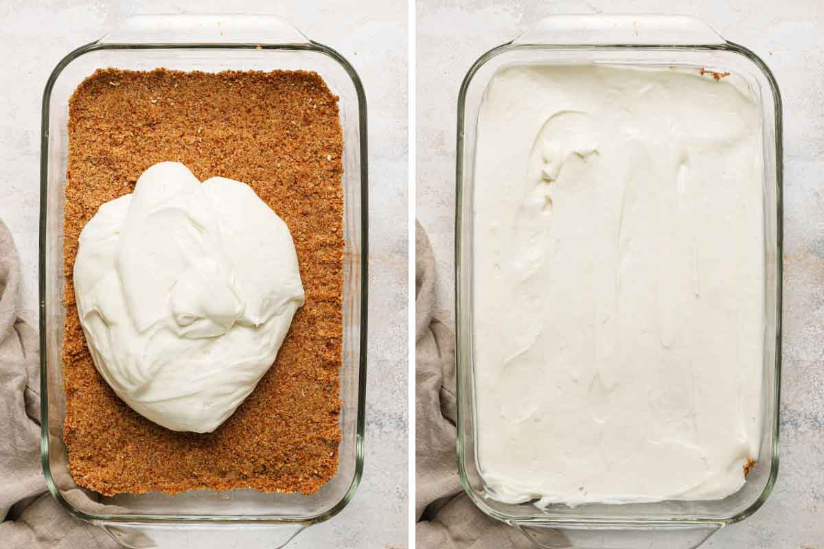 Side by side photo showing cream cheese filling being spread over pretzel crust.