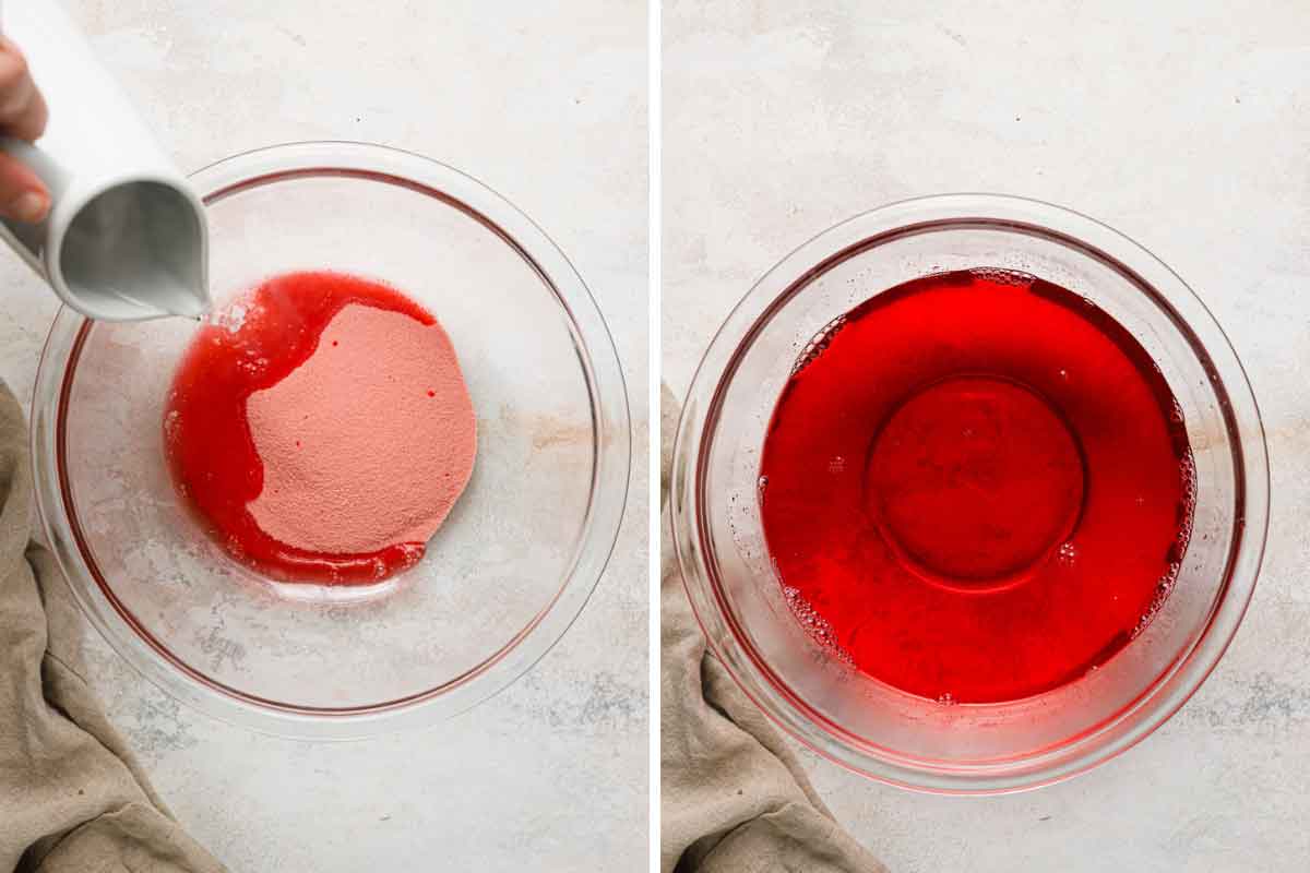 Strawberry Jello being dissolved in a glass bowl with hot water.