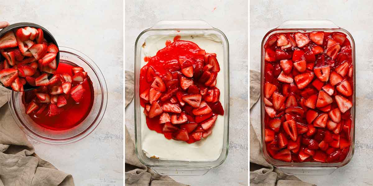 Three-photo collage showing the fresh strawberries being mixed into the Jello and the mixture spread over the cream cheese filling.