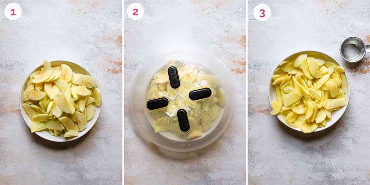 Three photo collage of apples being prepped and par-cooked for French apple cake.