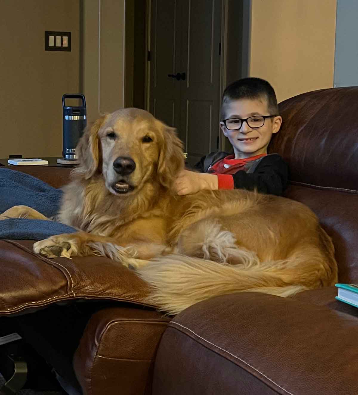 Little boy sitting on a couch with a golden retriever dog.