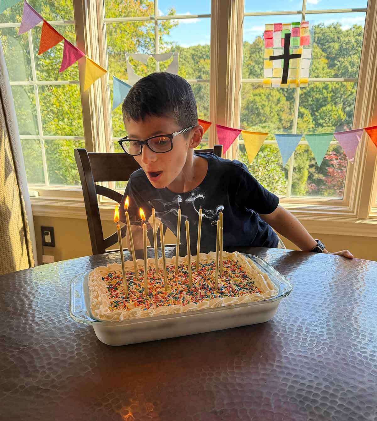 A boy blowing out birthday candles on a cake with windows and trees in the background.